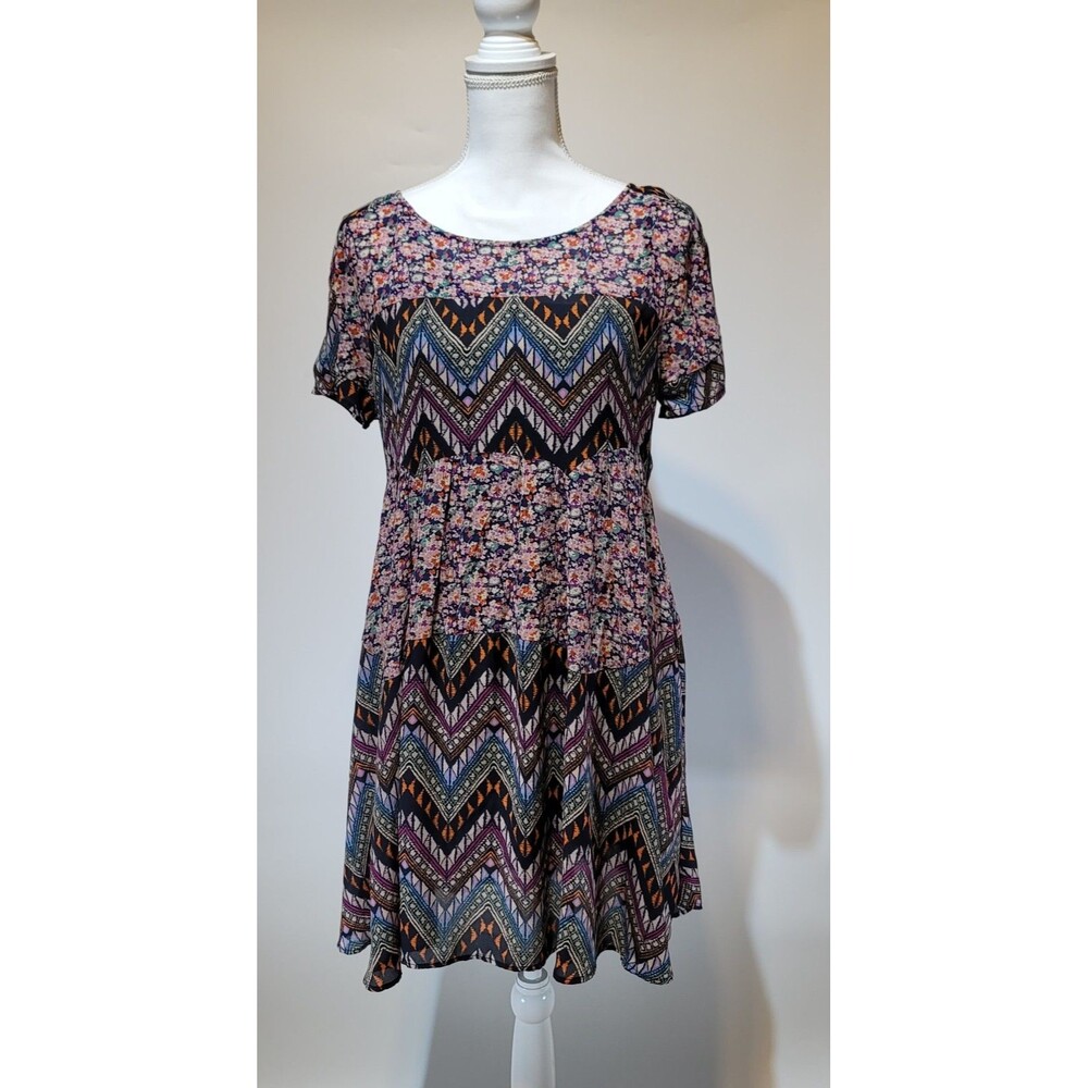 Ladakh Mixed Print Boho Chevron Geometric Print Floral Mini Dress Size M